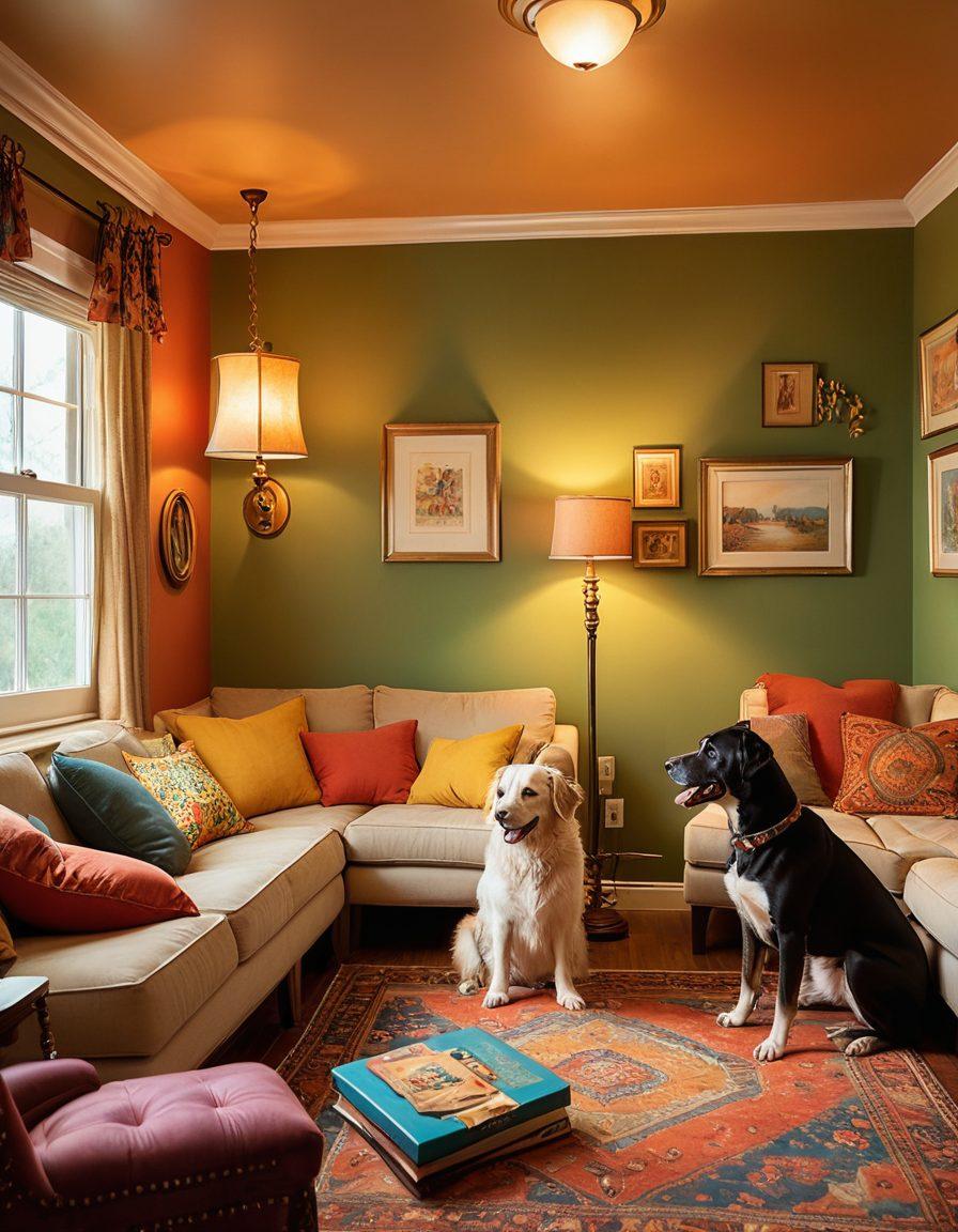 A cozy living room scene with a family of four gathered around a colorful storybook, reading together. Warm lighting glows from a nearby lamp, illuminating their joyful expressions. Surrounding them are photographs and mementos representing different family traditions and cultures. A playful dog lies at their feet, contributing to the sense of comfort and love. Whimsical illustrations float around the scene, depicting elements from classic children's stories. vibrant colors. warm and inviting atmosphere.