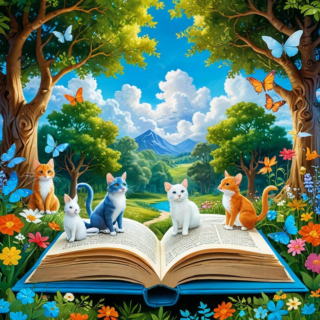 A whimsical scene featuring an open book with vibrant, swirling illustrations of characters from classic children's tales emerging from its pages. Surrounding the book, playful creatures and a colorful landscape filled with trees, flowers, and a bright blue sky, symbolizing imagination and adventure. Soft, dreamy lighting enhances the heartwarming atmosphere. super-realistic. vibrant colors. magical elements.